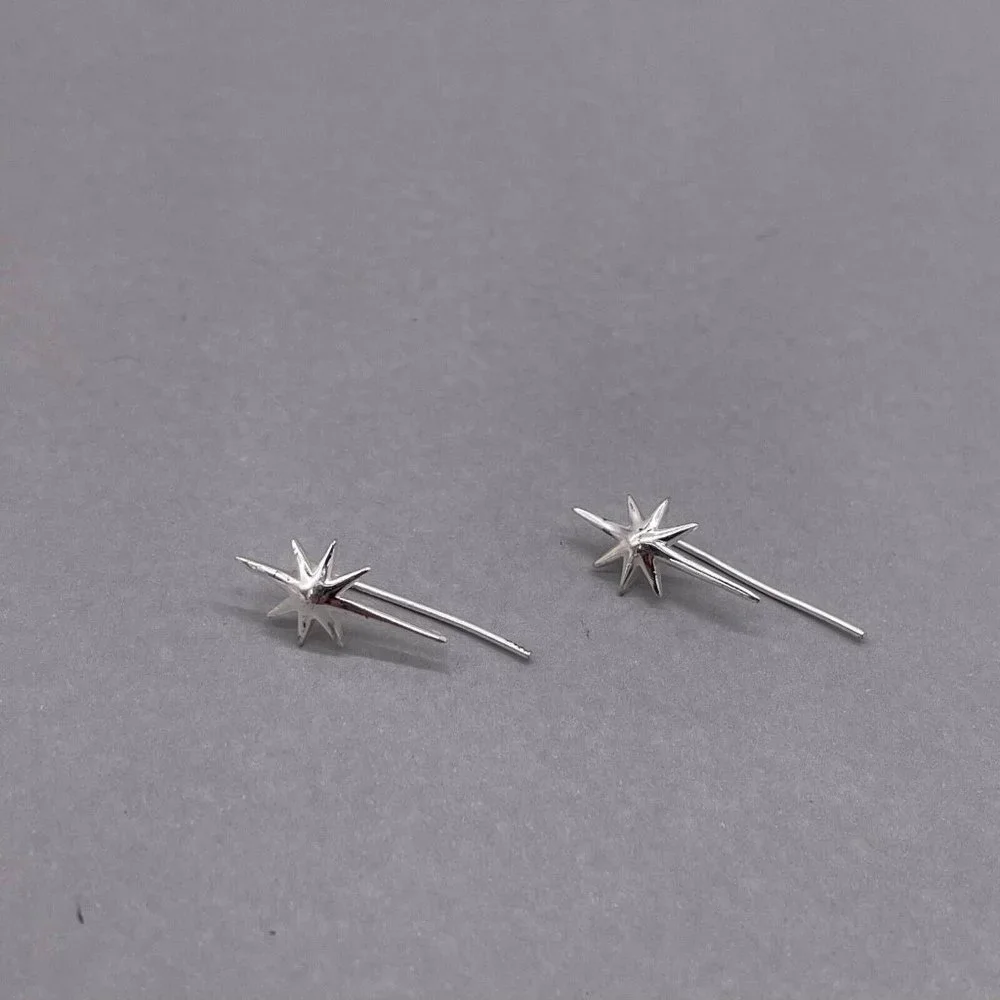 925 Sterling Silver Star Burst Climber Earrings - Picture 3 of 5